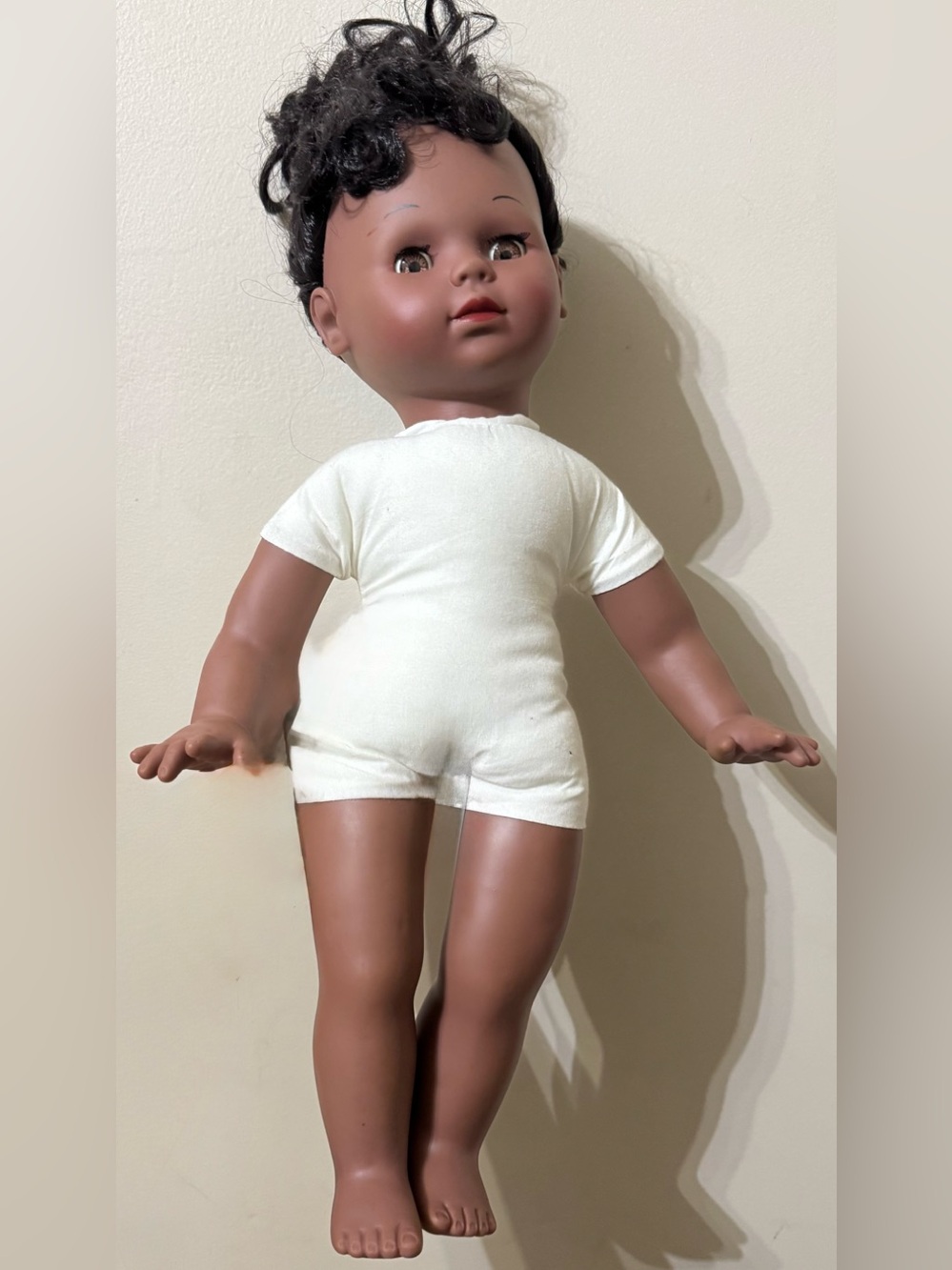 Vintage Brown/Black Baby Doll in Cream One-Piece Outfit